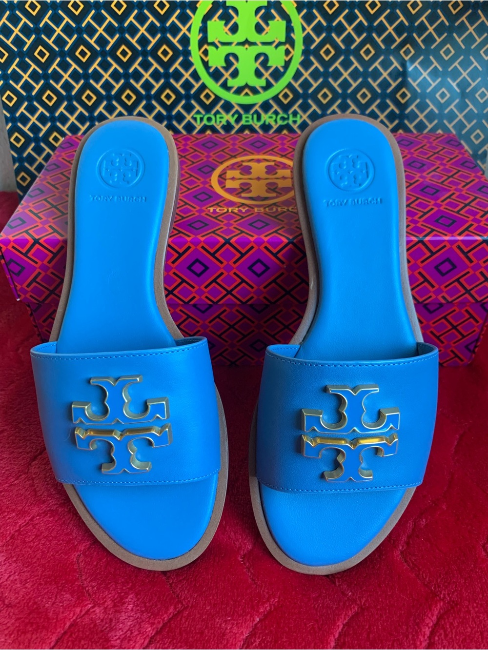 Tory Burch Blue Slide Sandals with Gold Logo - Picture 2 of 6